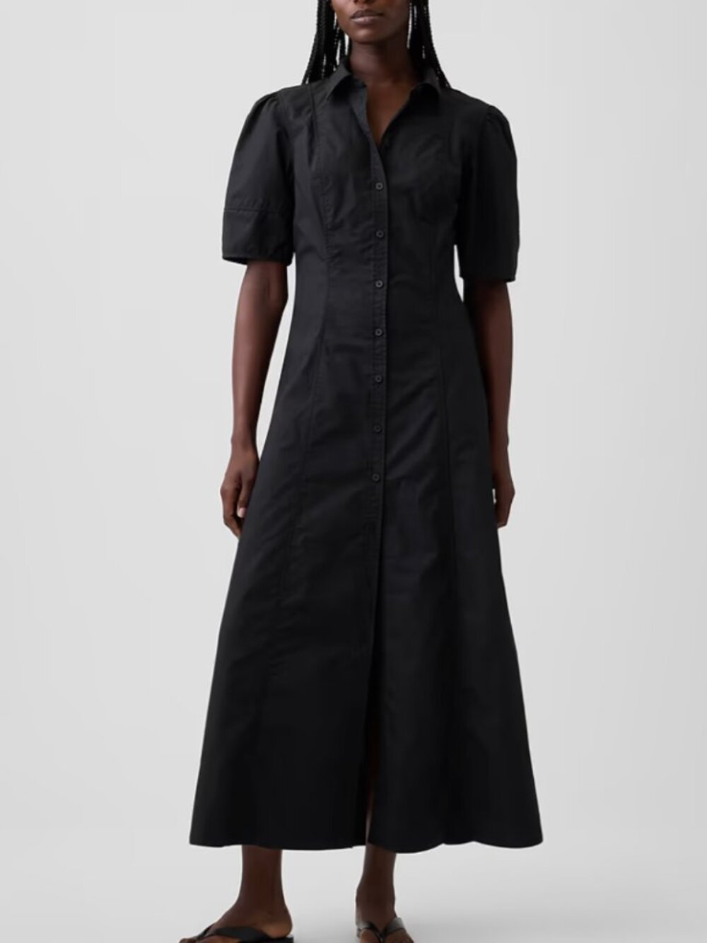 GAP Black Button-Front Maxi Dress with Puff Sleeves